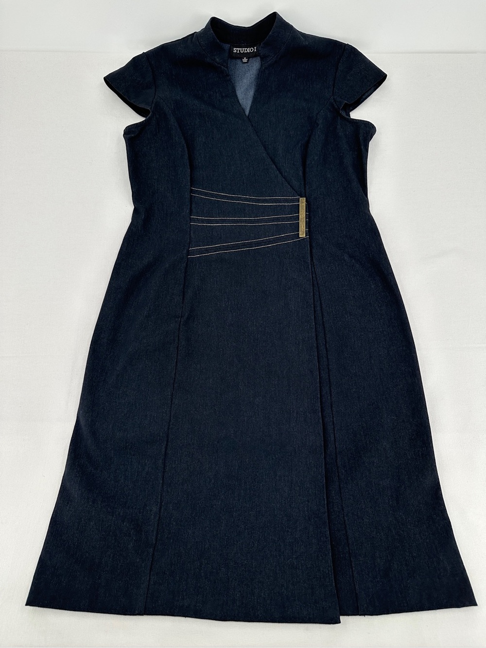 Dark Denim Belted Fit & Flare Midi Dress Size 12 NWOT Sculpted Waist - Picture 1 of 10